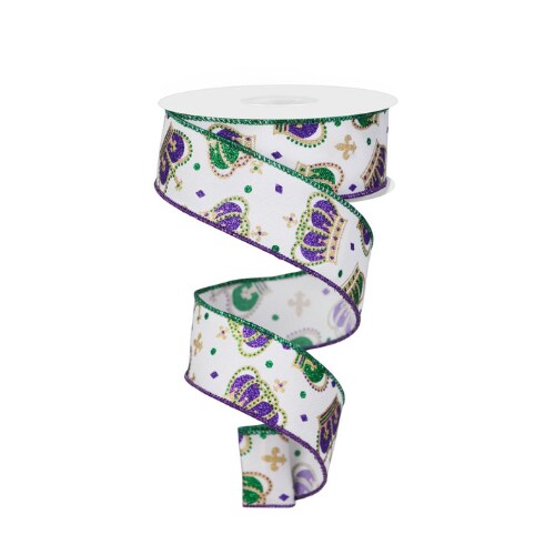 1.5"x10yd Mardi Gras Crown Wired Ribbon – Festive Purple, Green & Gold Decor | TCT Crafts -RGE171627