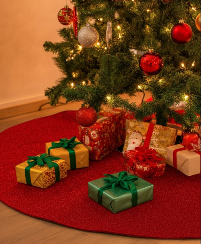 FabricLA Sparkling Glitter Felt Christmas Tree Skirt &#x2013; Shimmering Holiday D&#xE9;cor in Custom Sizes