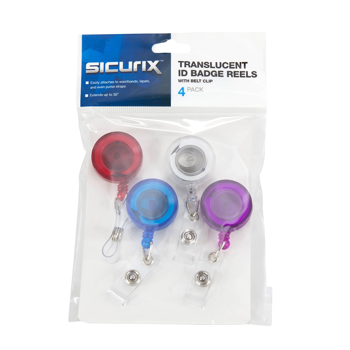 Standard Round ID Badge Reel with Belt Clip &#x26; Strap, Translucent Assorted, Pack of 4