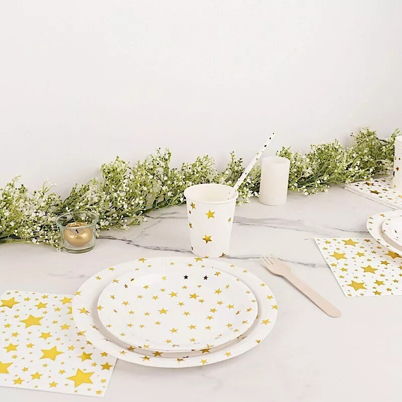 120 White Gold Stars Paper Disposable Tableware Set Party Events Decorations