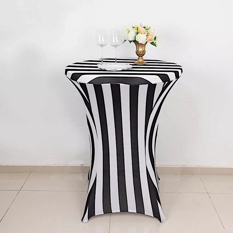 32&#x22; Black White Cocktail Table Cover Striped Fitted Spandex Tablecloth Party