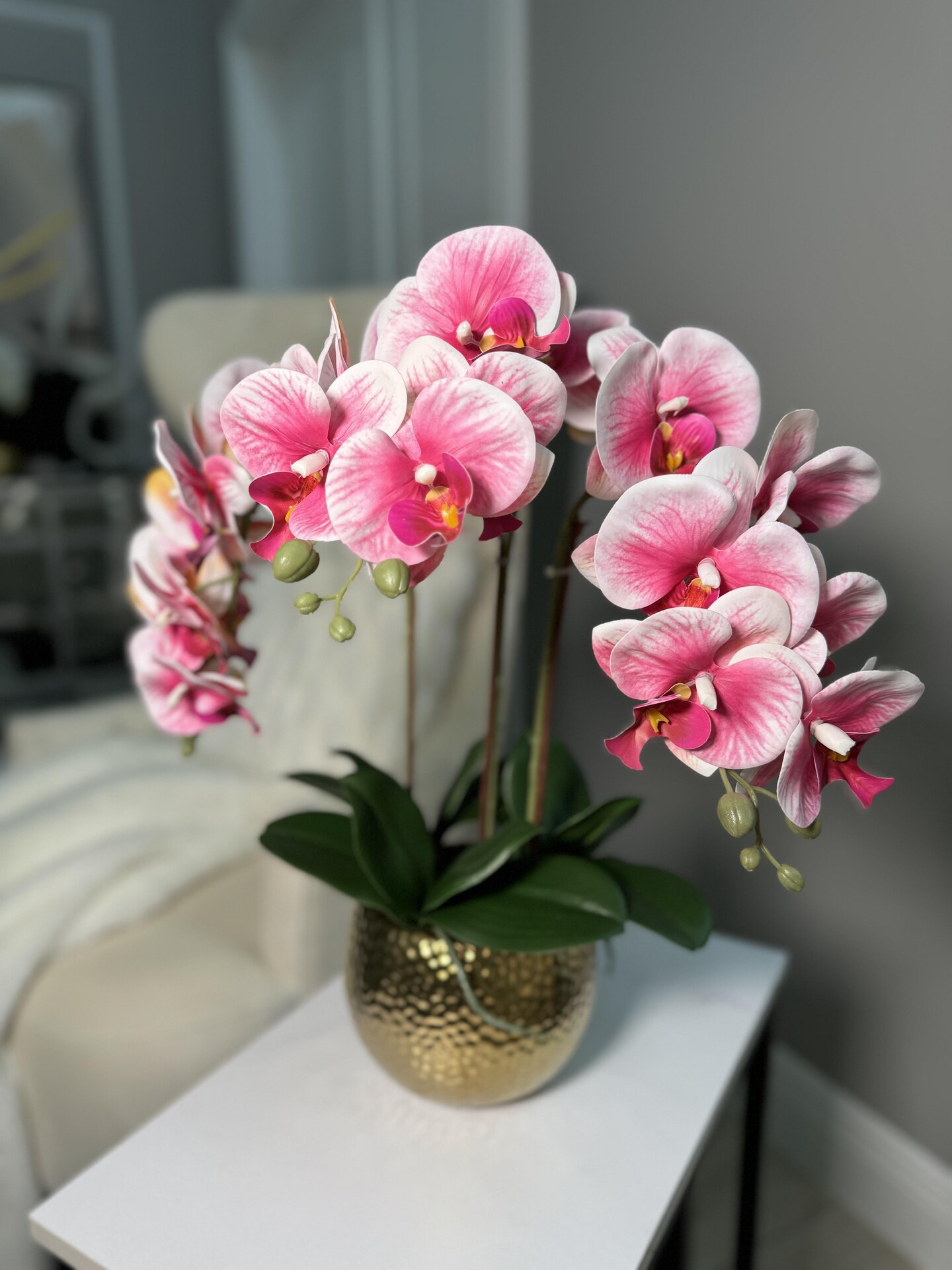 Pink Phalaenopsis Floral Orchid Arrangement in Gold Ceramic Round Hammered Vase