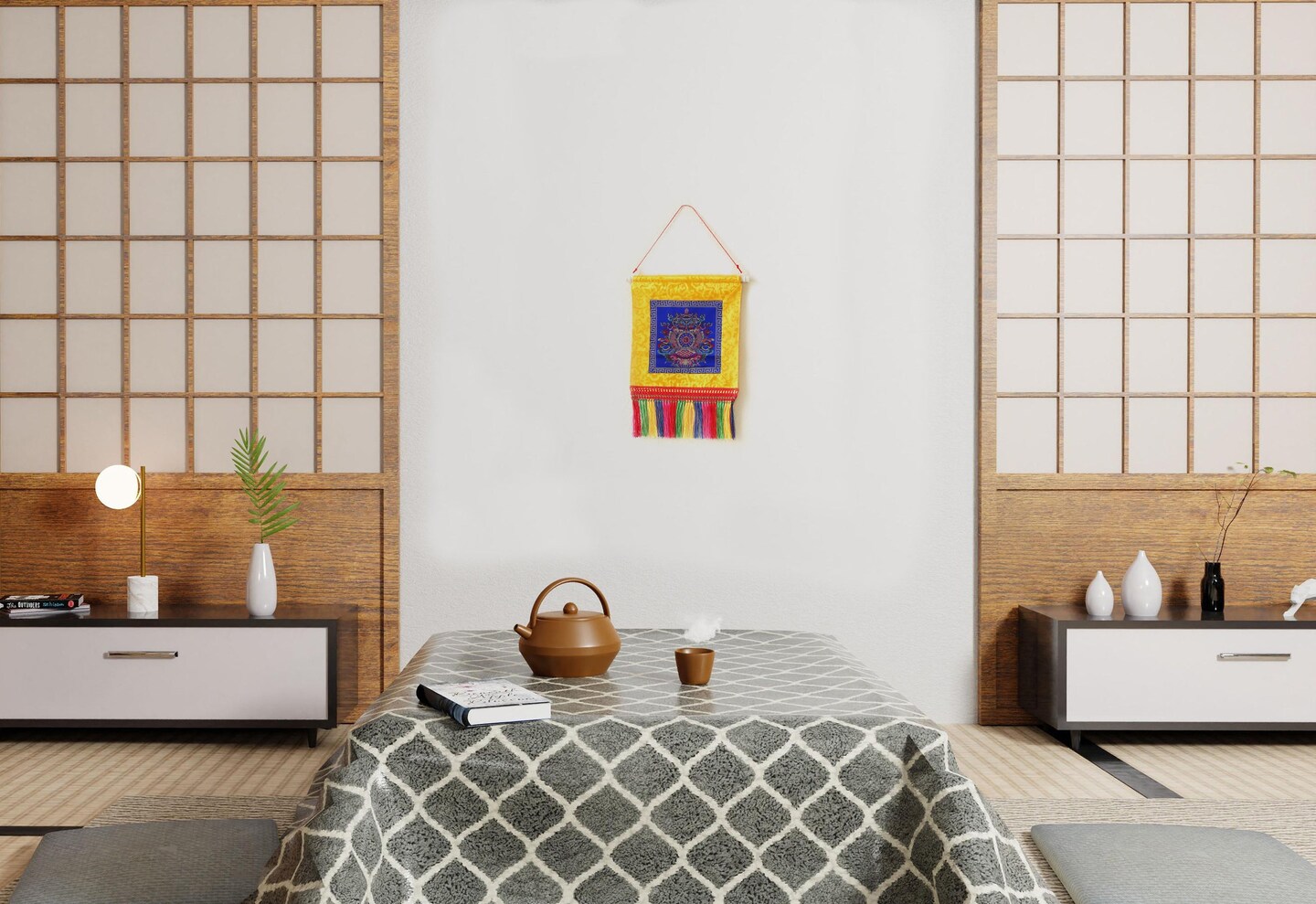 Tibetan Buddhist Ashtamangala Wall Hanging Tassels Tapestry, 18"X12", Asian Chinese Indian Wall Art Home Décor product 3
