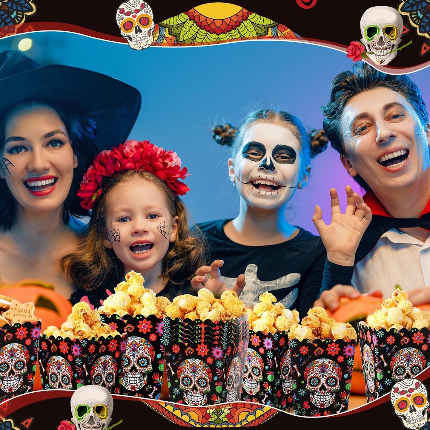 100 Pcs Popcorn Containers Bulk for Party Mini Popcorn Box Dia De Los Muertos Popcorn Treat Boxes Popcorn Bowls Snack Candy Box for Day of the Dead Flower Skull Theme Halloween Party Supplies
