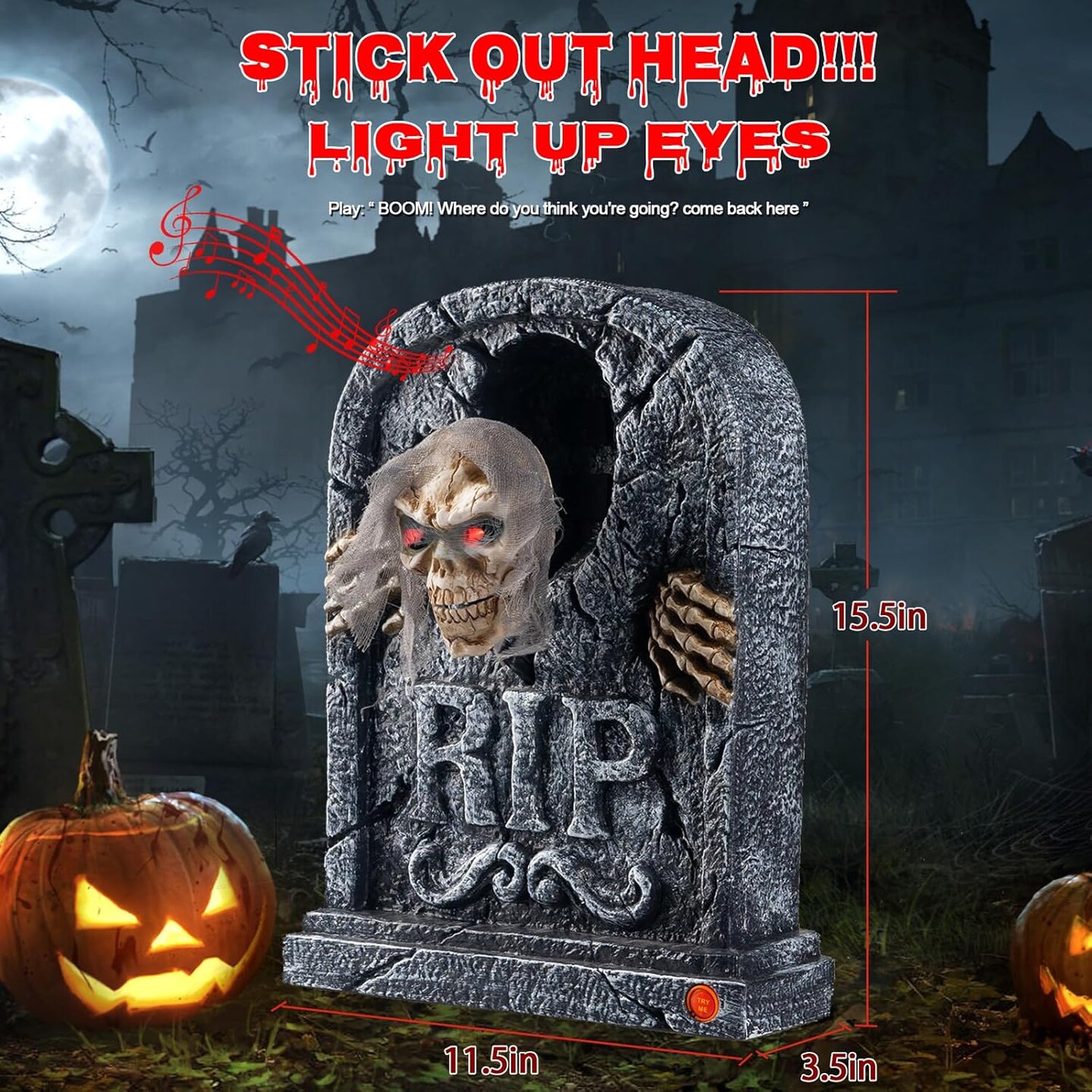 Motion Activated Halloween Animatronics Zombie Tombstone - LED Gravestone Decorations with Spooky Skeleton Skull Head, Light Up Eyes, Creepy Voice, Scary Motion Haunted Horror Prop for Indoor/Outdoor