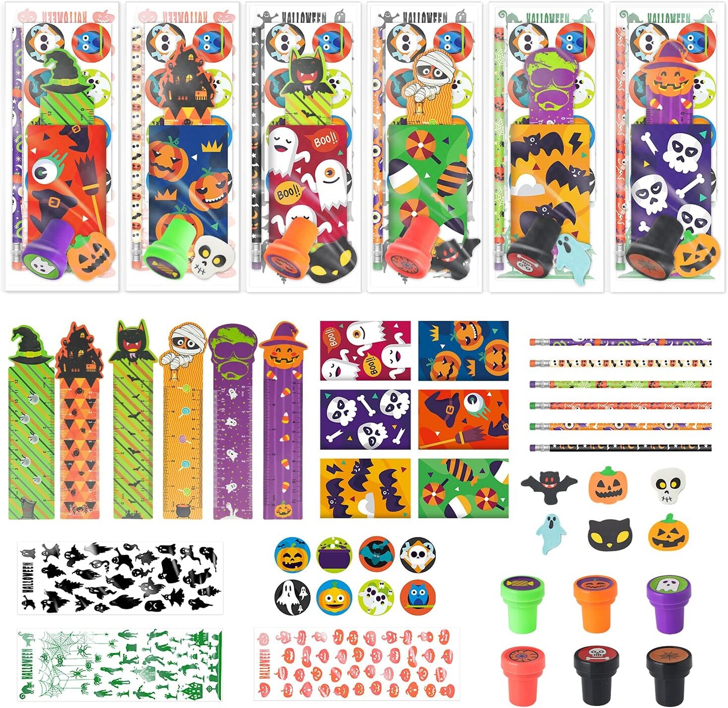 Set for kids, Halloween Party Favors set, Halloween Stationery gift kit, Halloween Goody Bag Fillers including Pencil, Eraser, Ruler, Notepad, Stamper, Sticker