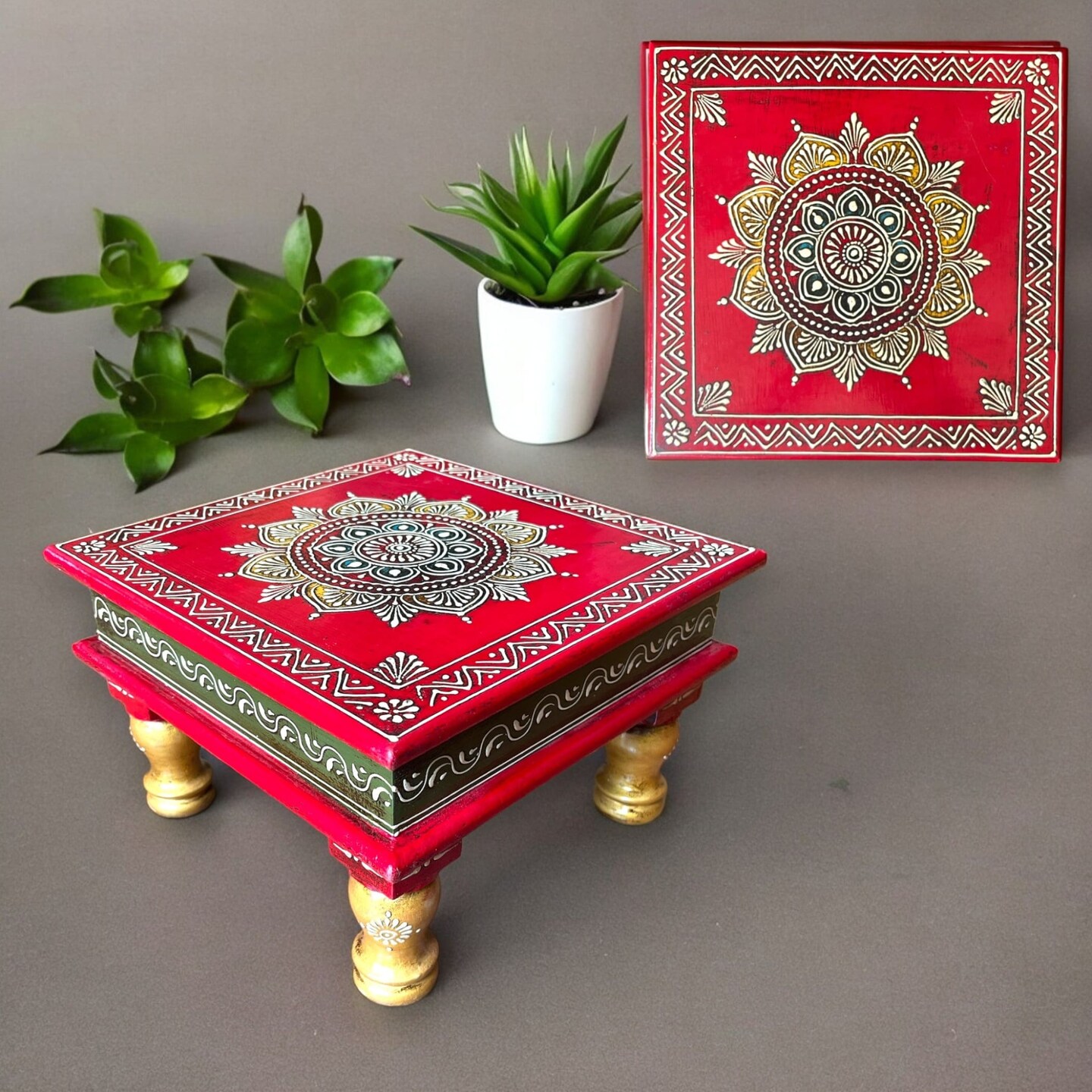 Chowki for Pooja Handcrafted Floral Printed Multicolor Traditional Chowki Wooden Bajot Festive Decor for God Idols Home Temple Mandir - Diwali Housewarming Gift
