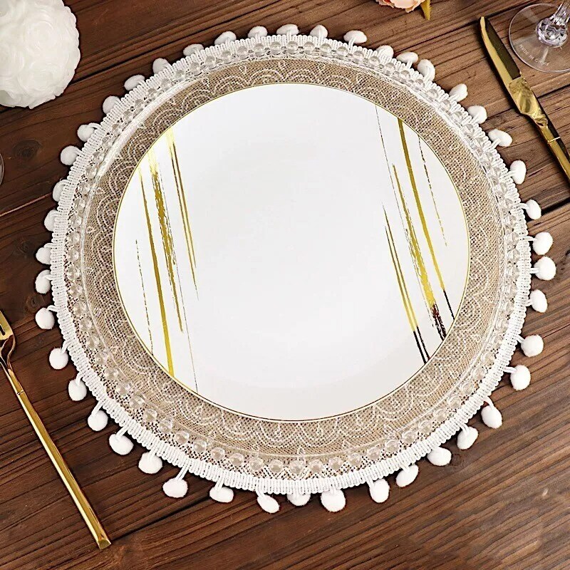 4 Round 15" Natural White Printed Burlap Woven Placemats Beaded Rim Party Events