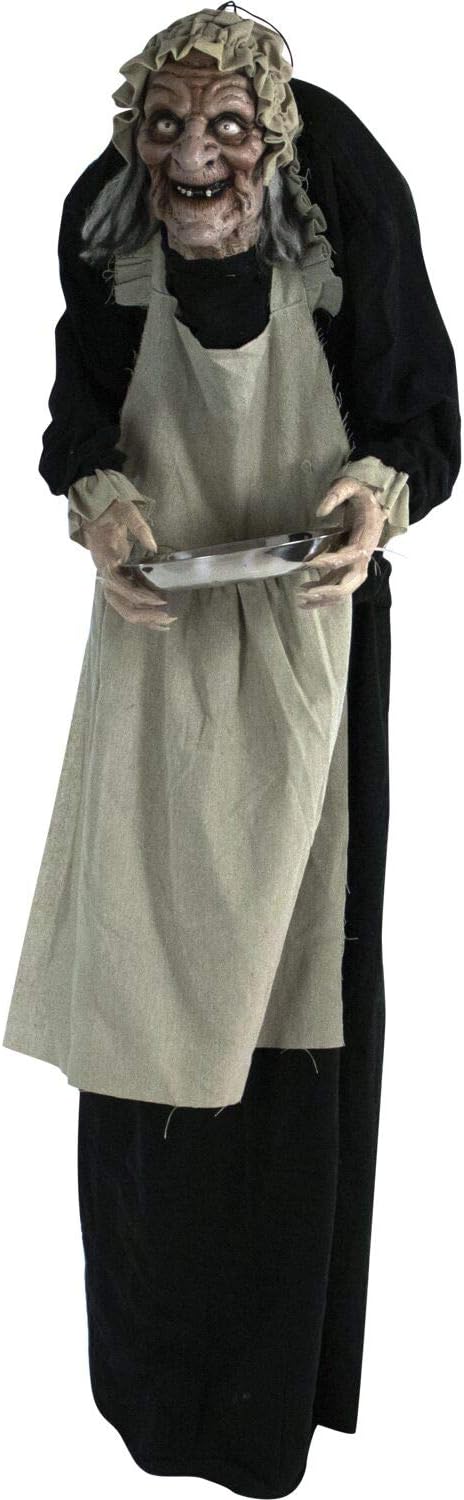 Life-Size Halloween Animatronic, Scary Talking Zombie Maid with Touch Activated Lights and Sounds, Battery Operated Indoor or Covered Outdoor Halloween Decorations for Home