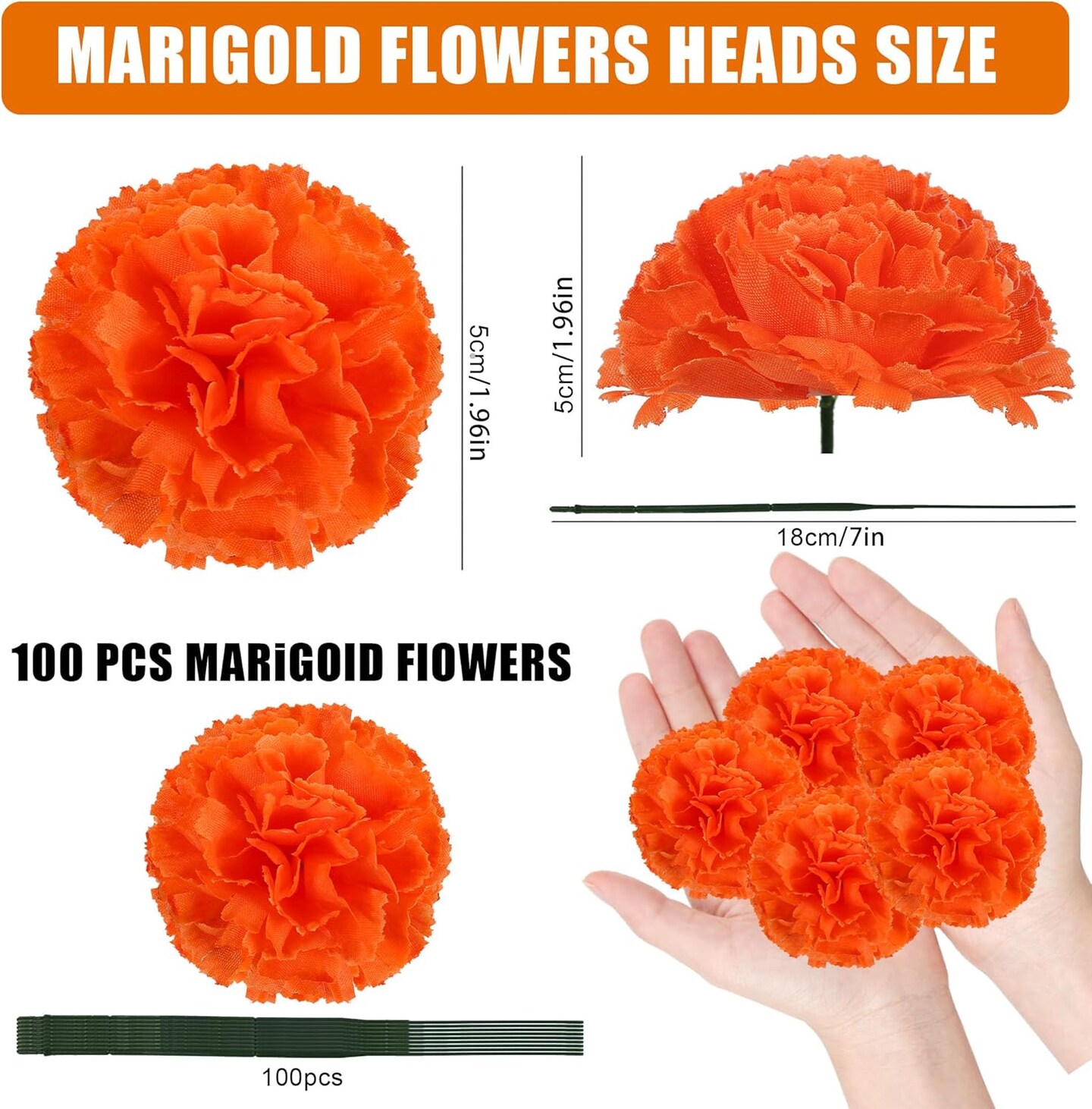 100PCS Artificial Marigold Flowers Heads Silk Orange Flower for Dia De Los Muertos Day of The Dead Diwali Home Decor Indian Theme Weddings DIY Wreath Garland Decoration