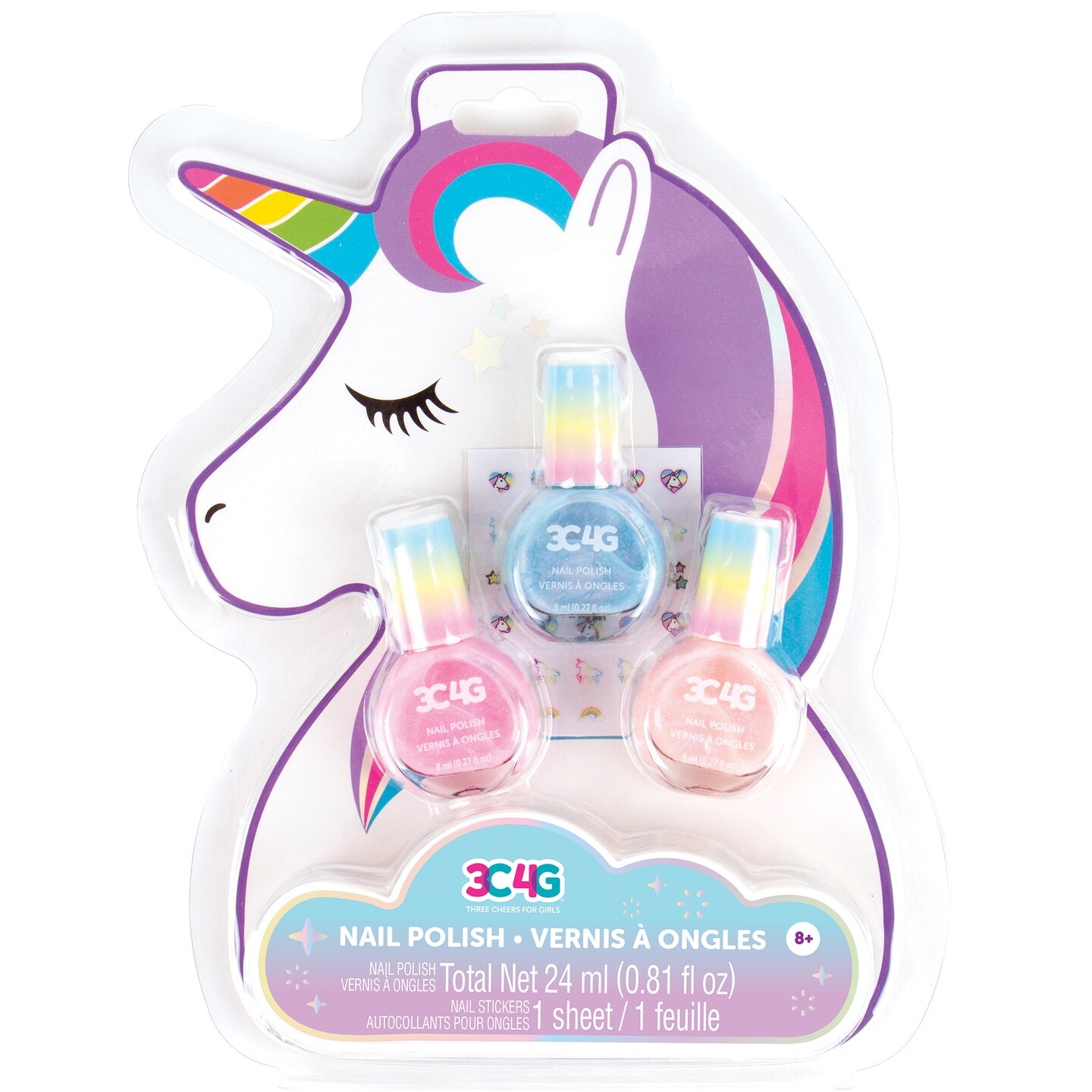 3C4G: Unicorn Shimmer Trio Nail Polish Set - 3 Bottles W/ Nail Stickers, Make It Real, Tweens &#x26; Girls, Non-Toxic Long-Lasting Polish, Soft Soothing Shades of Pink Peach &#x26; Blue, Three Cheers For Girls, Kids Ages 8+
