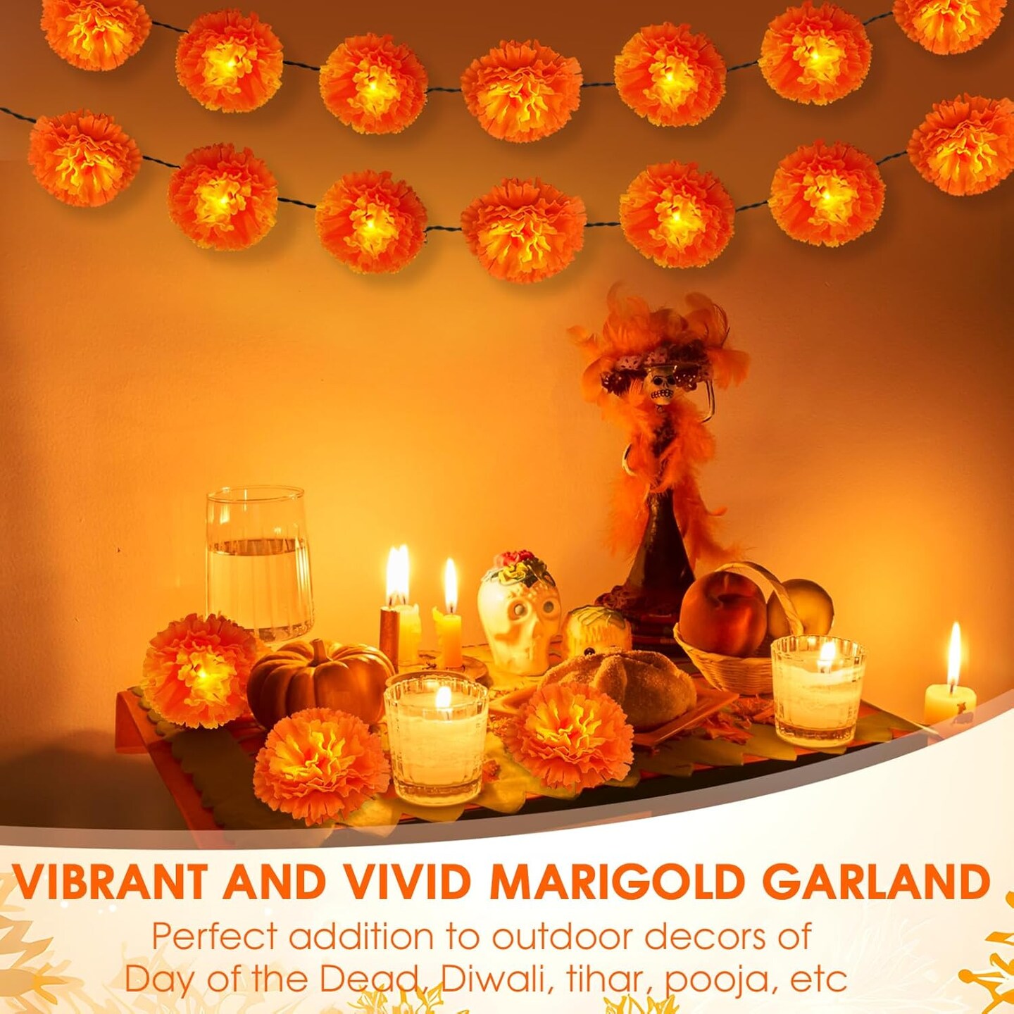 Solar Marigold Garland Lights, Solar Powered Marigold Flowers Outdoor Waterproof with 30 LEDs for Outside Dia de los Muertos, Day of the Dead, Diwali, Coco Party, Altar, Grave, Cemetery Decorations
