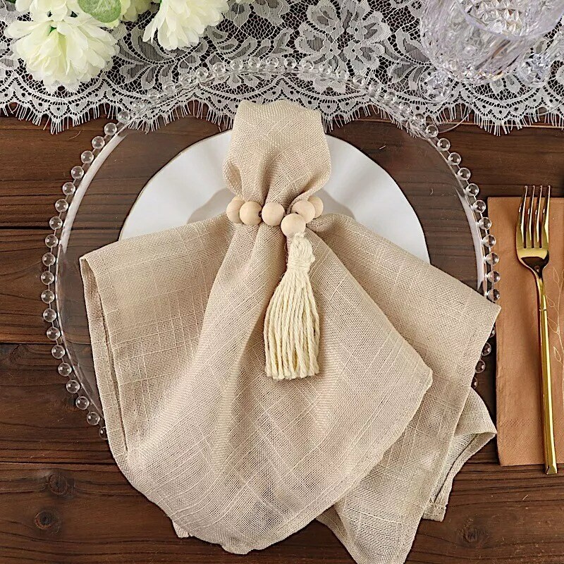 4 Cream Round Wood Bead Napkin Rings Tassels Wedding Party Events Decorations