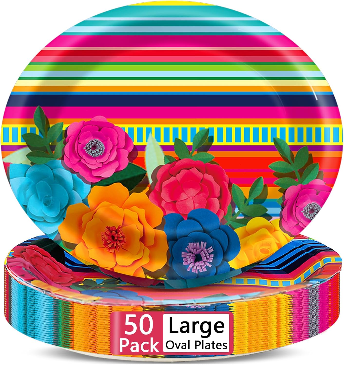 50PCS Mexican Fiesta Oval Paper Plates Large 11&#x201D; Disposable Mexican Theme Party Decorations Floral Stripes Supplies Favor for Day of The Dead Mexico Pinata Taco Platters Party Tableware Set