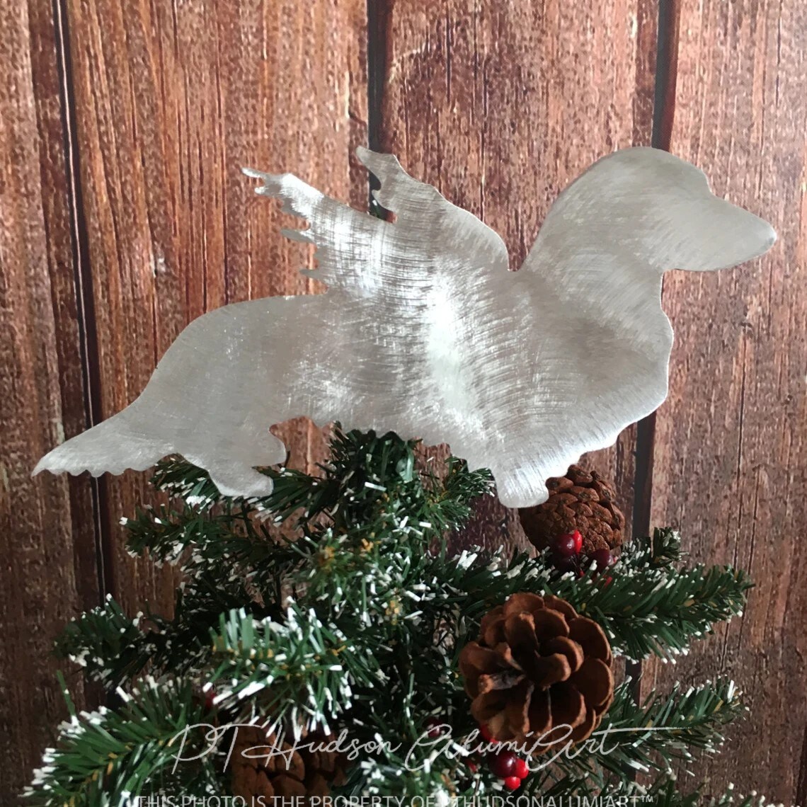 product name is Long Haired Dachshund, Angel, Dog, Christmas Tree Topper, Holiday Decoration, Wall Art, Wreath Decor, Plant Stake, Pet Memorial, Metal
