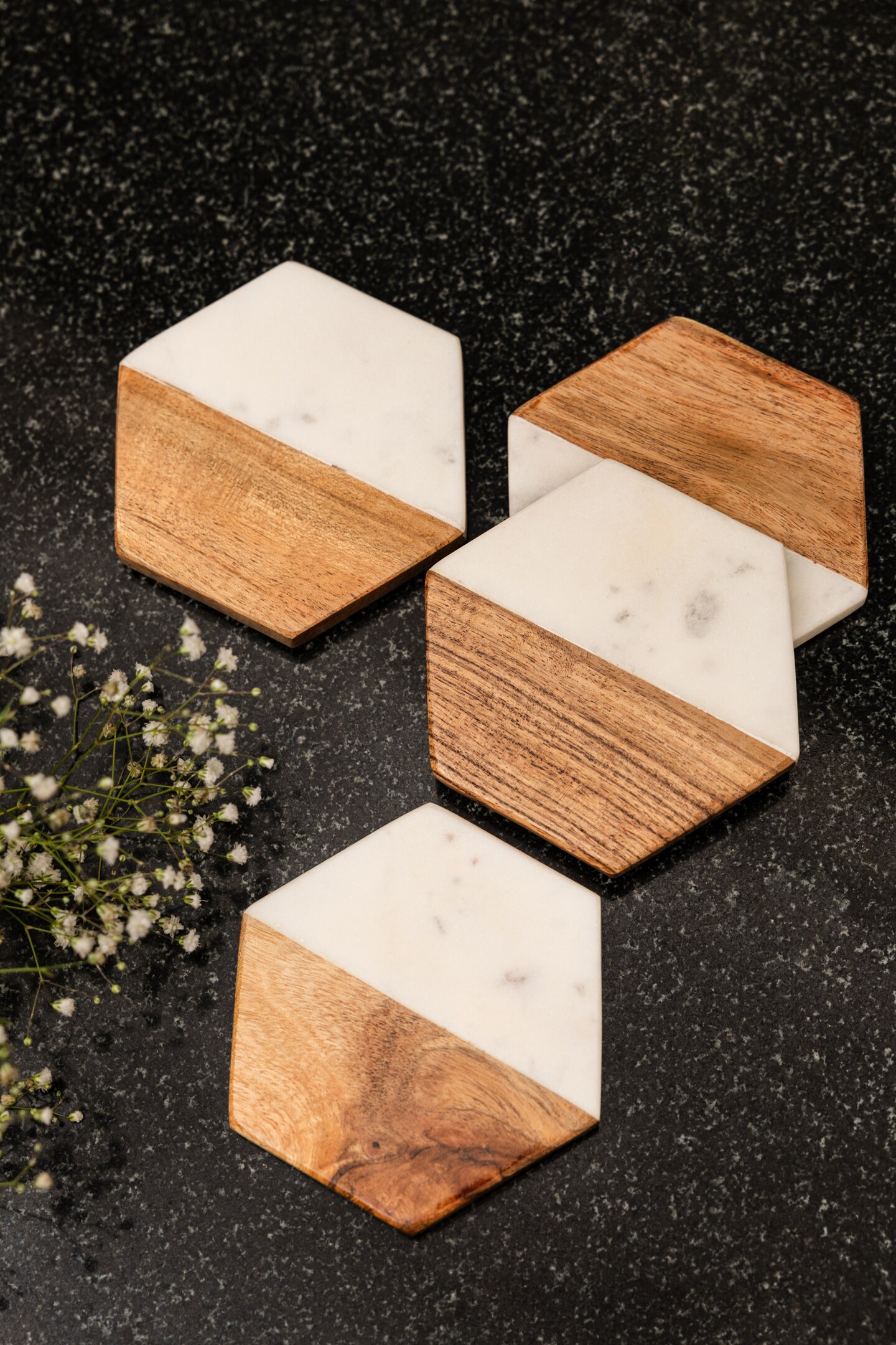 Artisan Marble and Wood Hexagon Coaster Set of 4 - White