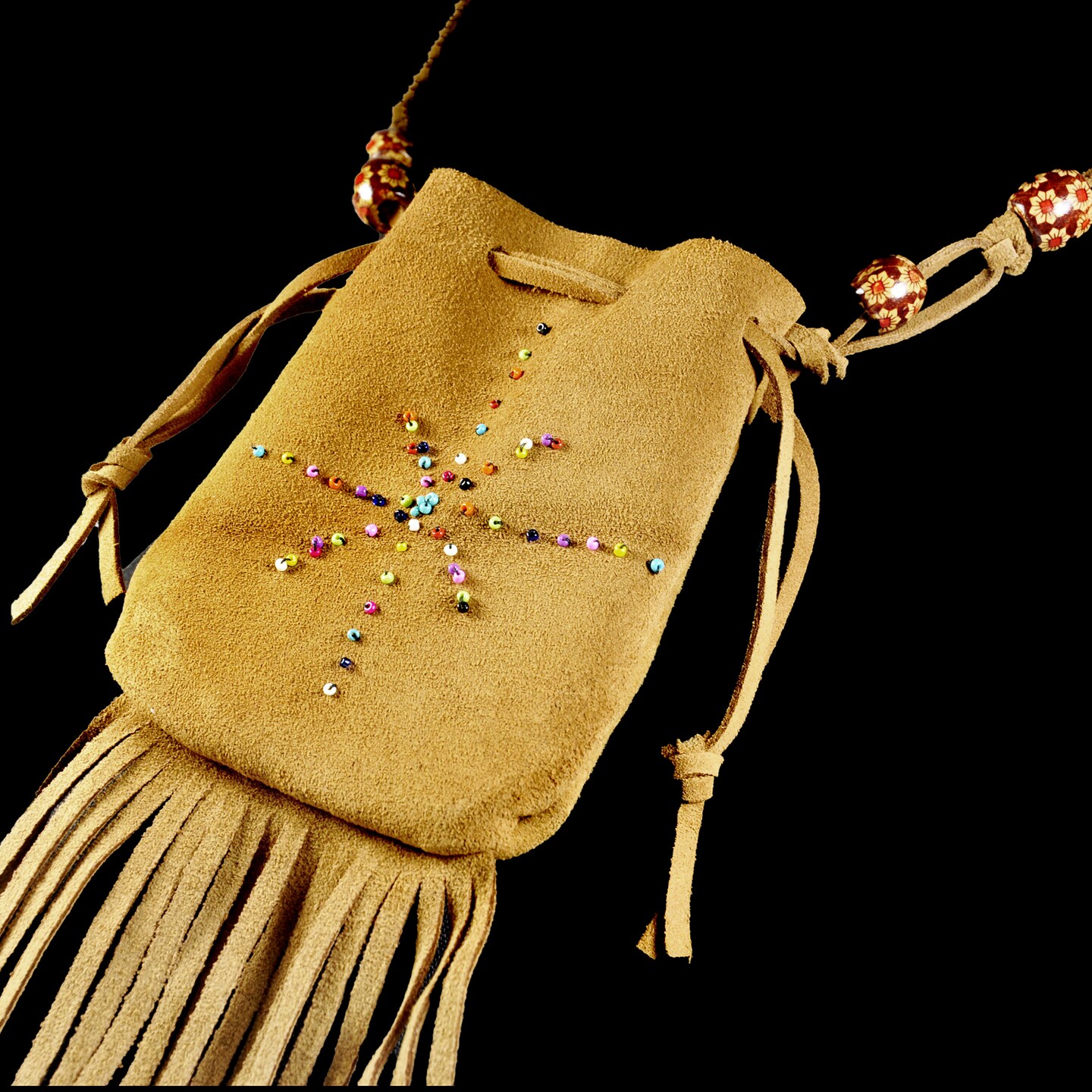 2024 Handmade rich brown suede handbag with gold beading and fringe twisted and painted