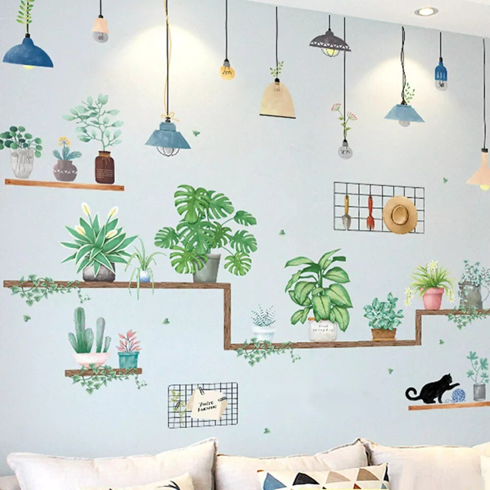 Green Wall Stickers Shelves with Potted Plants Removable PVC Bedroom Decorations
