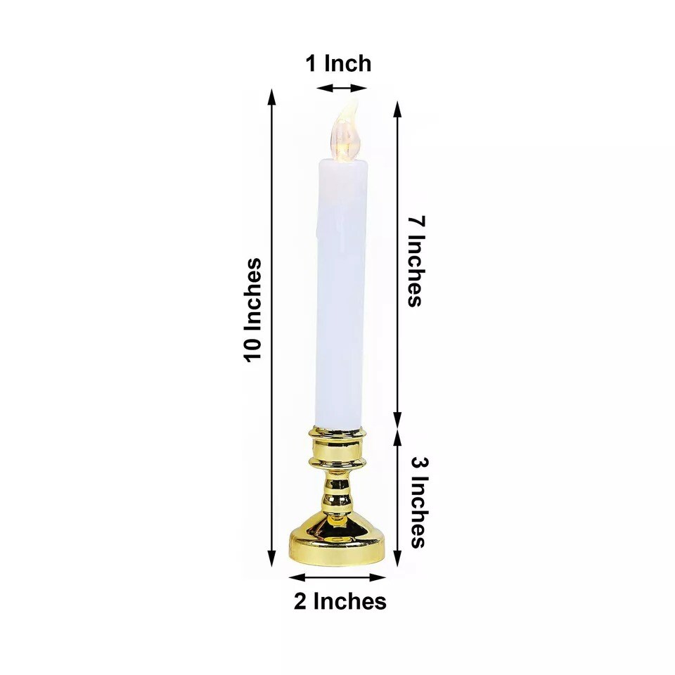 6 White Gold 10" LED Taper Candles Lights Candle Holders Wedding Centerpieces