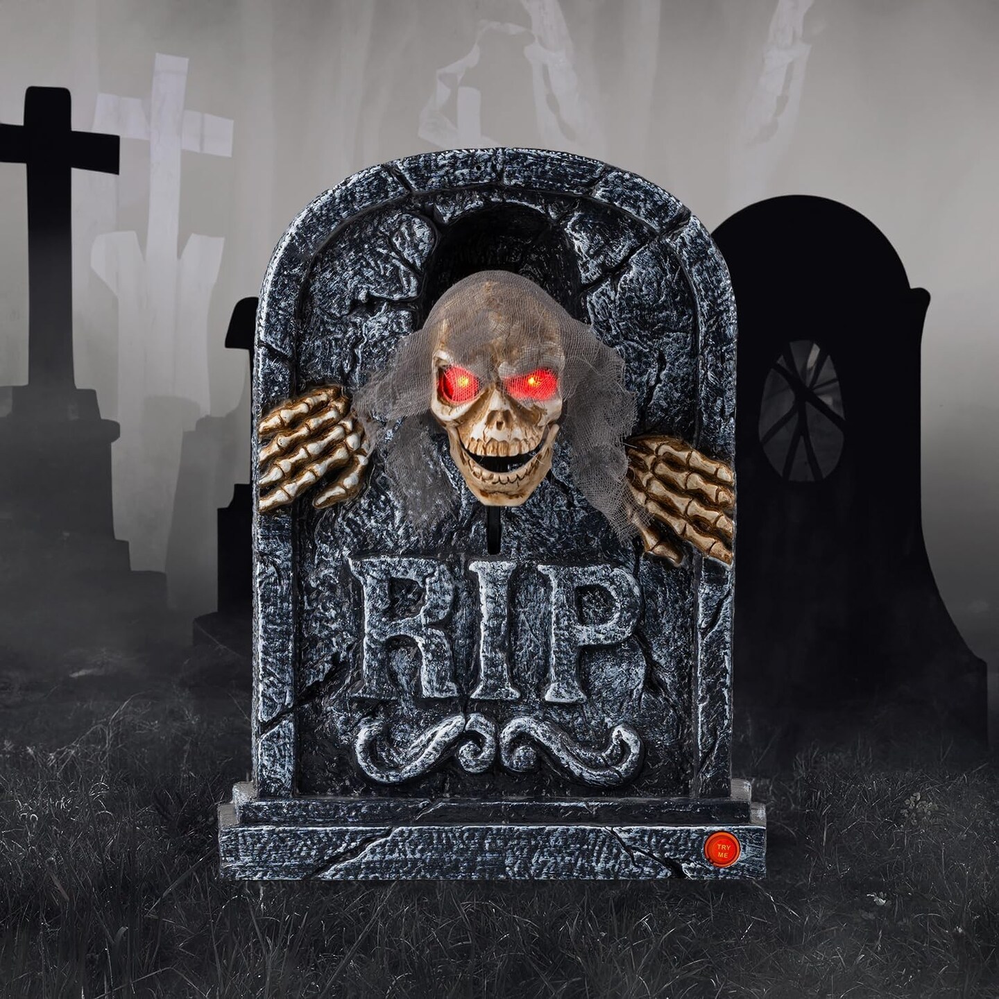 Halloween Animatronics Zombie Tombstone - LED Gravestone Decorations with Skeleton Skull, Light Up Eyes, Motion Activated, Creepy Voice, Scary Motion Haunted Horror Prop for Indoor/Outdoor
