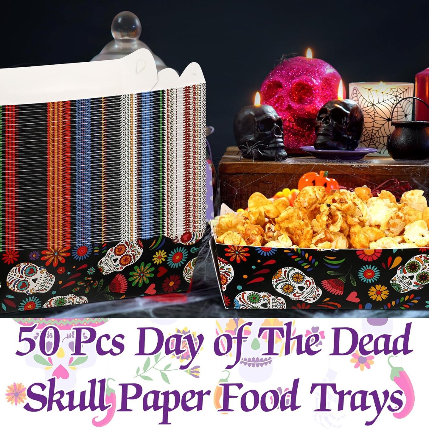 60 Pcs Day of the Dead Food Trays Dia De Los Muertos Party Supplies Fiesta Snack Trays Halloween Paper Food Trays Disposable Mexican Skull Candy Bowl for Halloween Day of the Dead Decoration