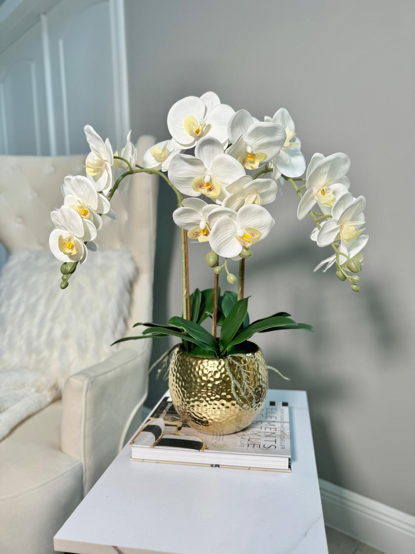 Phalaenopsis Floral White Orchid Arrangement in Gold Ceramic Round Hammered Vase