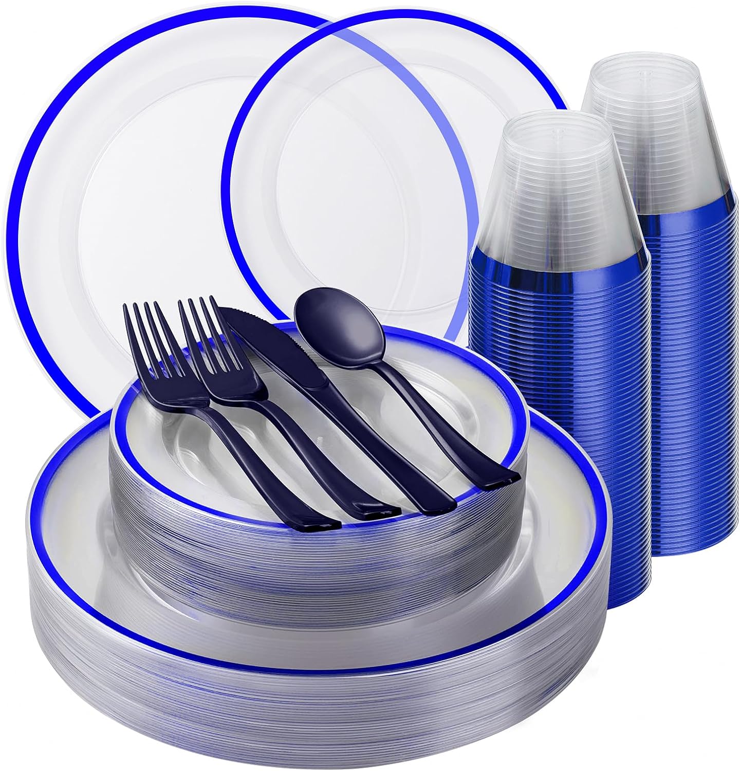 175PCS Blue and Clear Plastic Dinnerware Sets for 25 Guests, Include 50 Blue Disposable Party Plates, 50 Forks, 25 Knives, 25 Spoons, 25 Cups