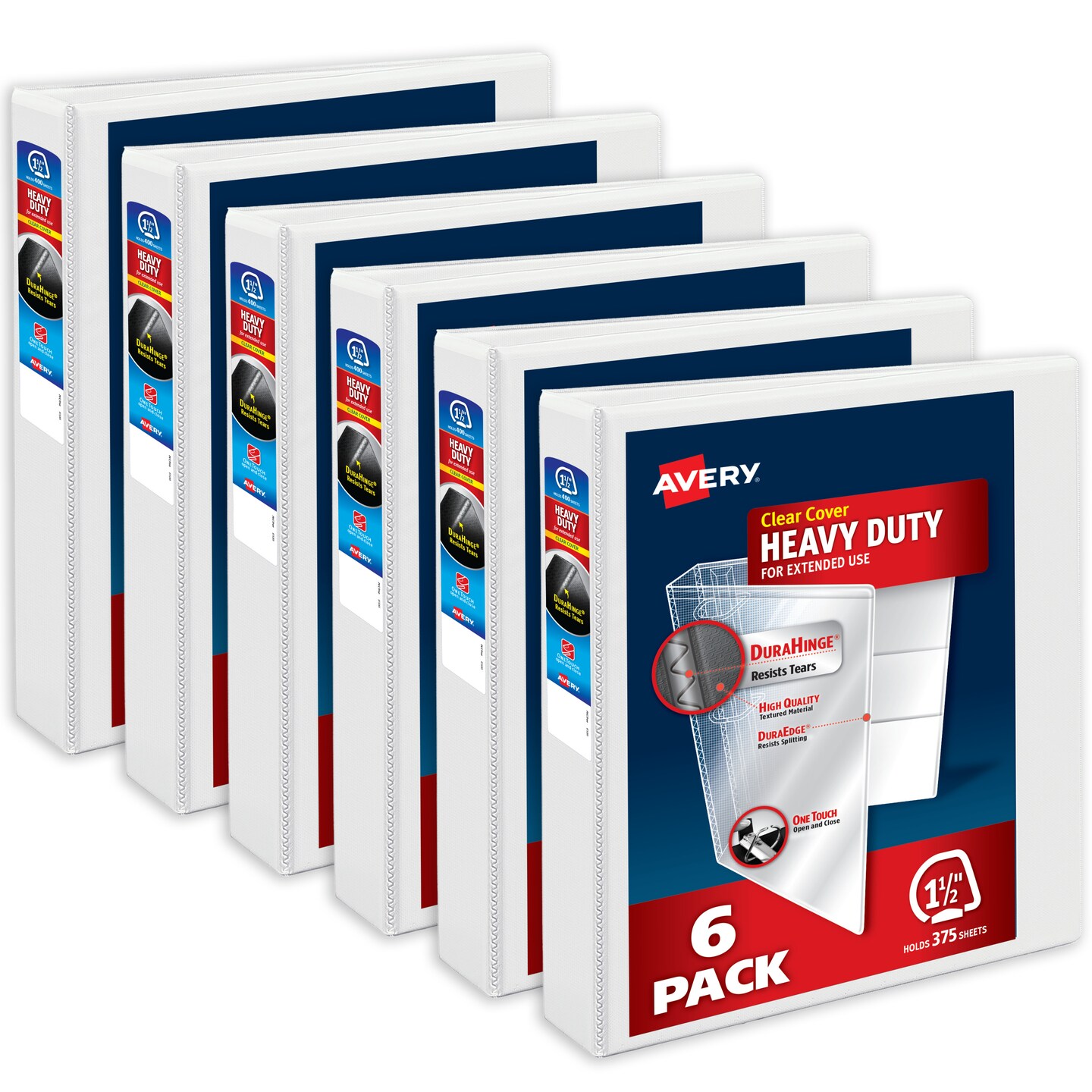 Avery Heavy-Duty View 3 Ring Binders, 1.5 Inch One Touch Slant Rings, 375-Sheet Capacity, DuraHinge, 2.1 Inch Wide Spine, Customizable Clear Cover and Spine, White Binders (6-Pack of 79795)