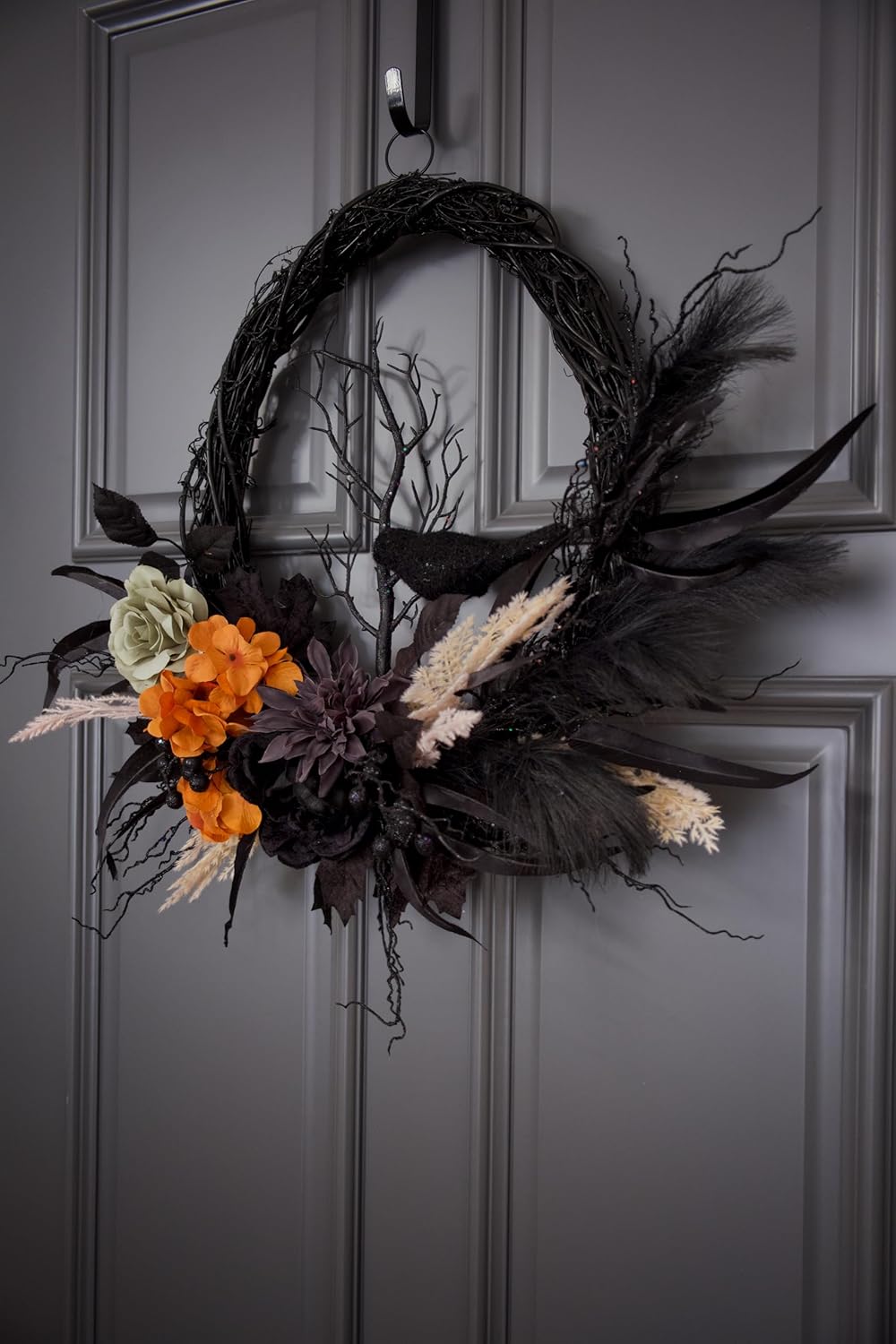 Halloween Wreath for Front Door 24 inch, Natural Grapevine Oval Wreath with Faux Flower &#x26; Crow for Hallowen Home Decor, 18 inch Base, Full Handmade, 2024 New