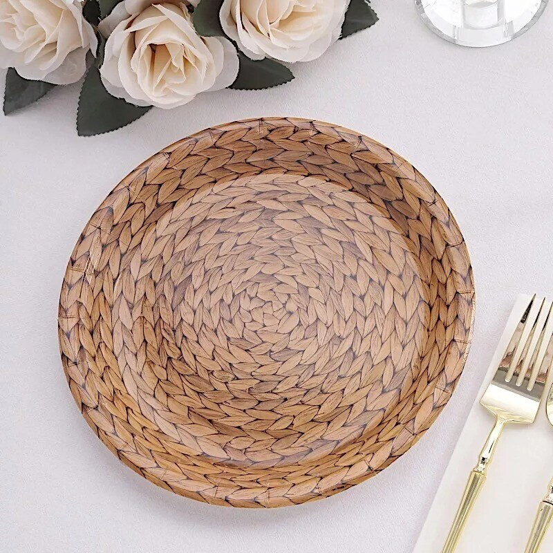 25 Natural 9&#x22; Woven Rattan Print Paper Dinner Plates Party Events Decorations