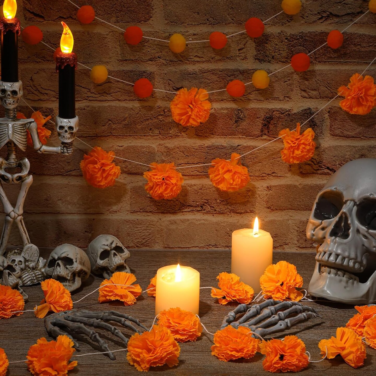 5 Pcs Day of The Dead Felt Ball Garland Marigold Flower Pompom Ball Banner Halloween Felt Ball Garland Dia De Los Muertos Garlands
