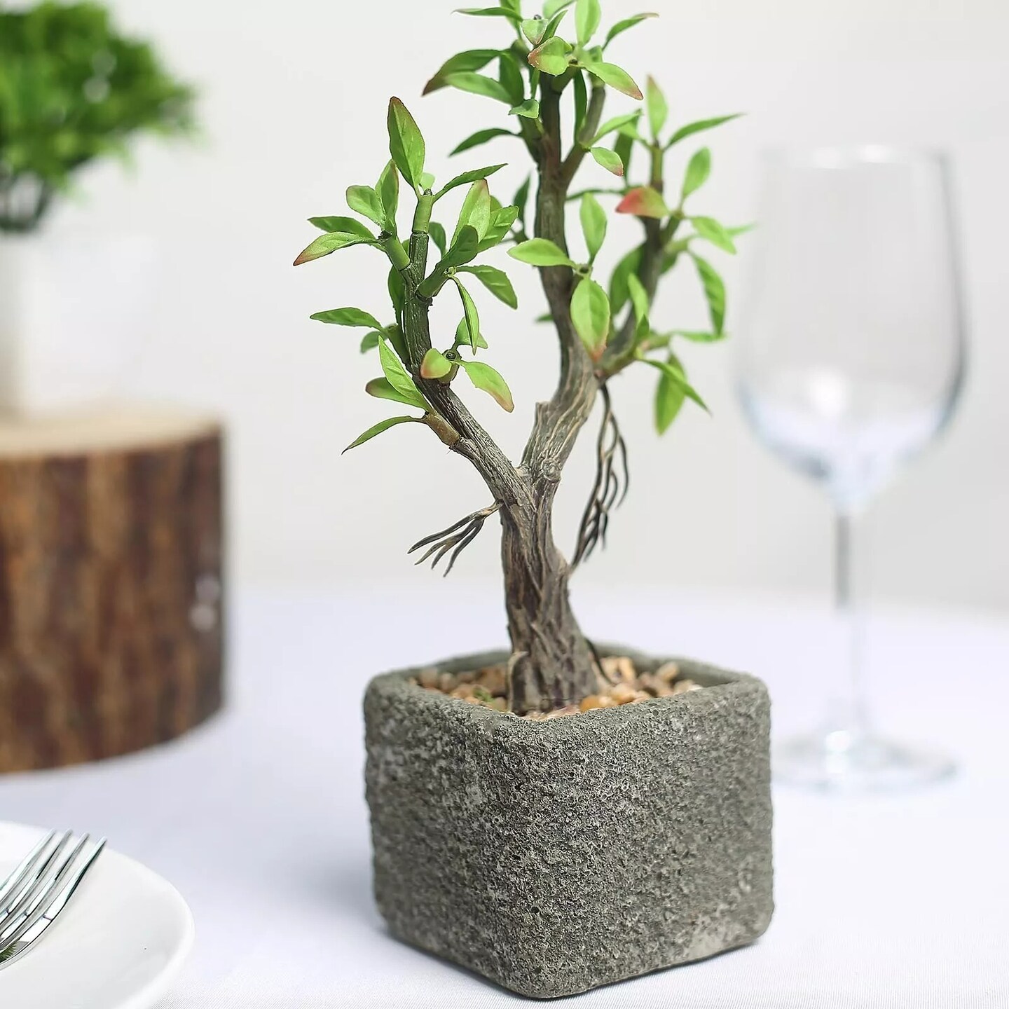 9&#x22; tall Green Brown Concrete Pot with Faux Mini Willow Tree Wedding Decorations