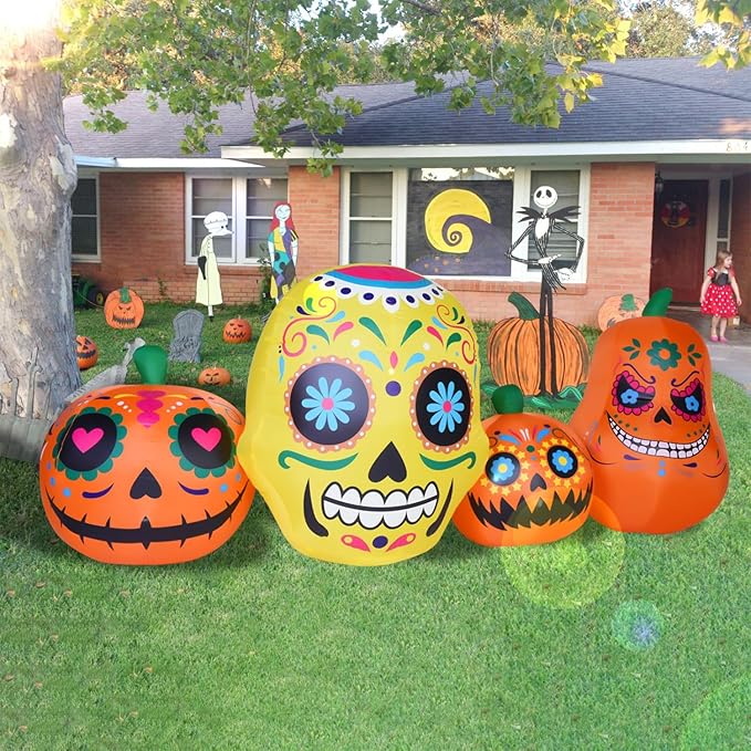 Sugar Skull Inflatable Day of The Dead Inflatable Dia De Los Muertos Decorations Outdoor with LED Lights Halloween Blow Up Yard Decorations