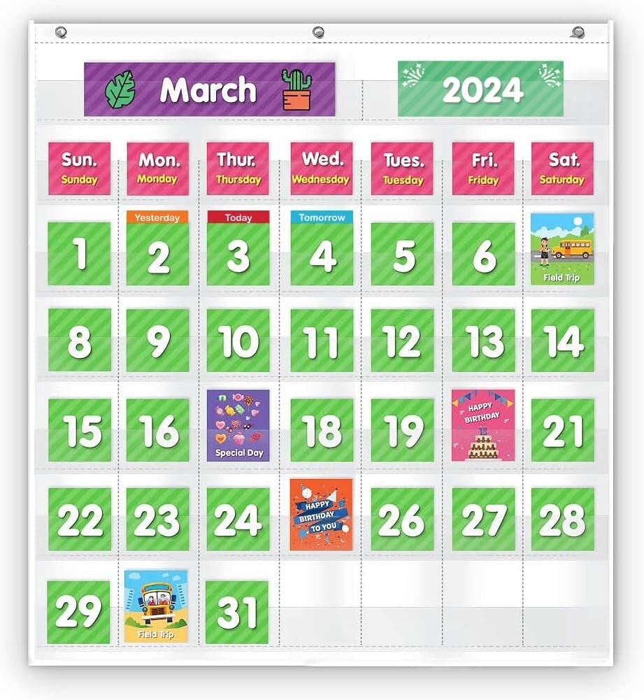Classroom Monthly Calendar Pocket Chart with 71 Cards for Kids Learning for Home,White