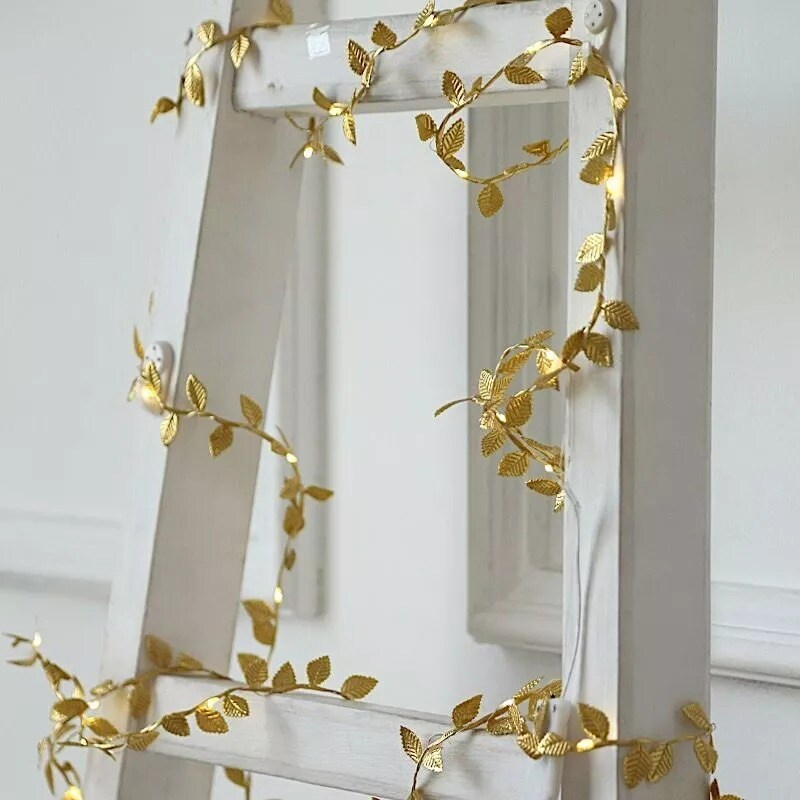 15 ft LED Metallic Gold Rose Leaves Garland Battery Operated Fairy Lights Party