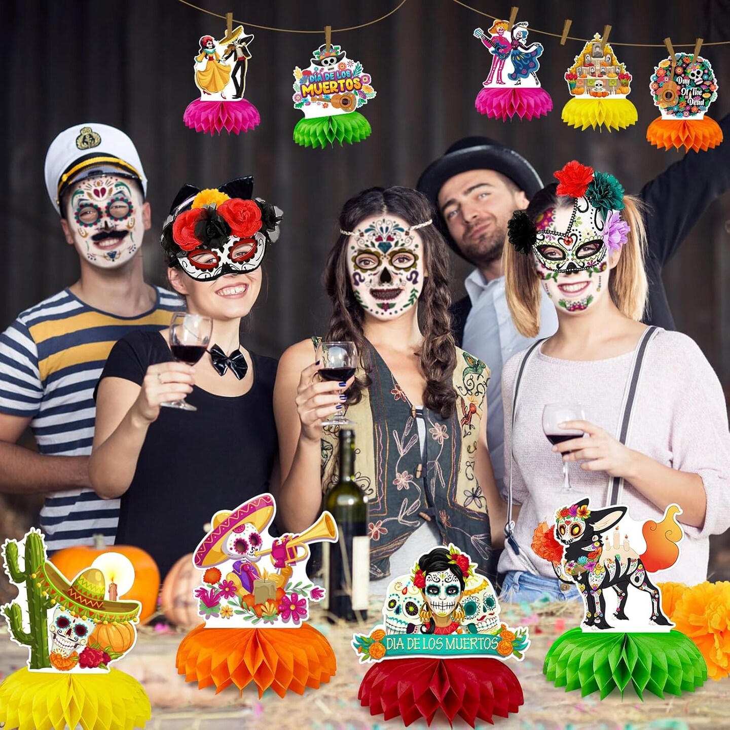 9PCS Day of the Dead Centerpieces, Dia De Los Muertos Table Decorations, Classic Sugar Skull Table Oranaments for Party, Day of the Dead Party Supplies Party Favors