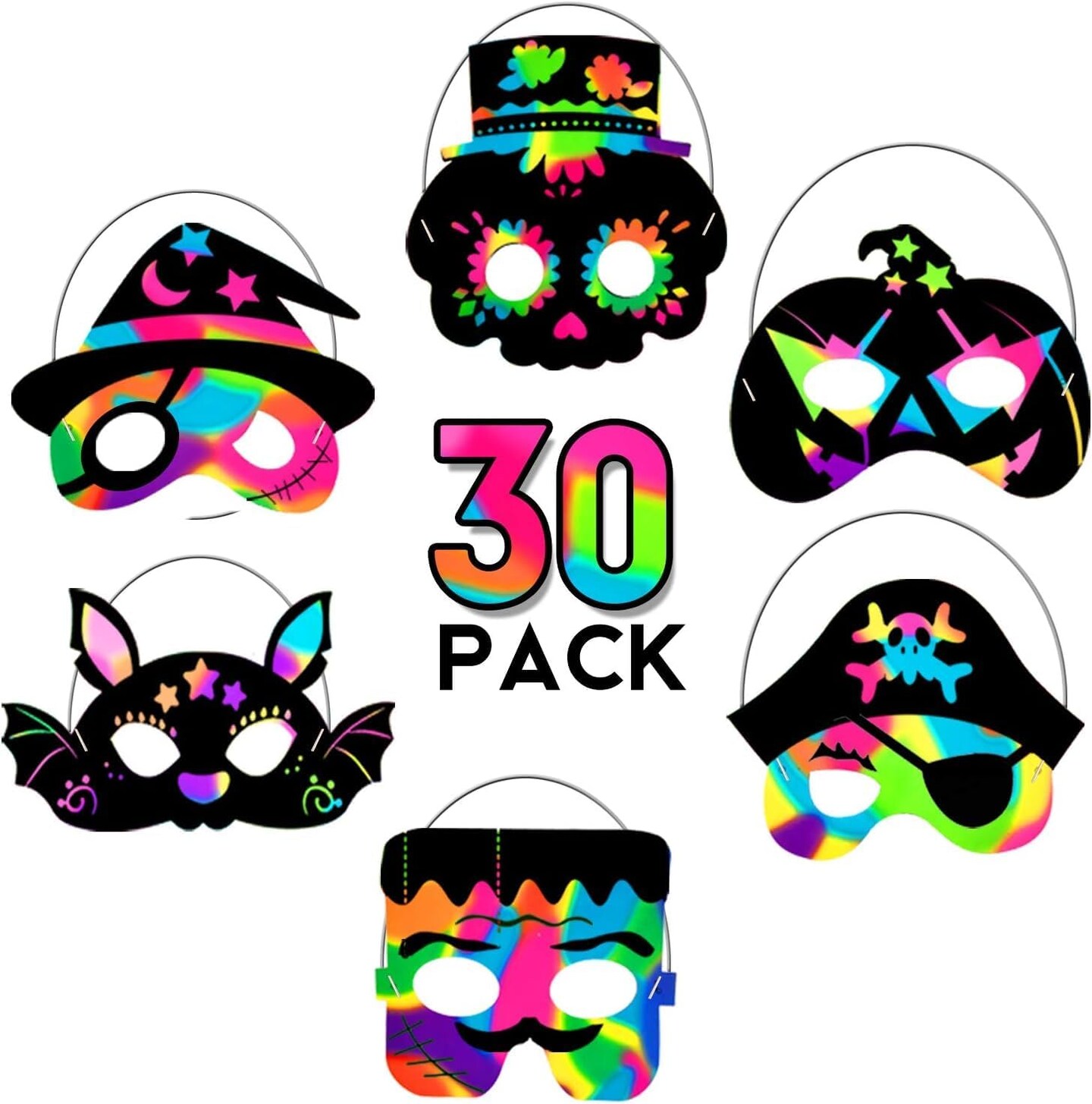 30PCS Halloween Rainbow Scratch Mask Art Craft Kit