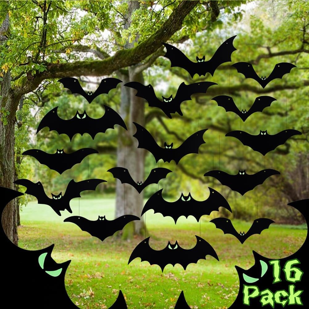 Hanging Bats Halloween Decorations Outdoor - 16 Pack Large Flying Bats 5 Different Size, Waterproof Plastic Black Bats with Glowing Eyes Hanging in Tree outside D&#xE9;cor for Porch, Lawn