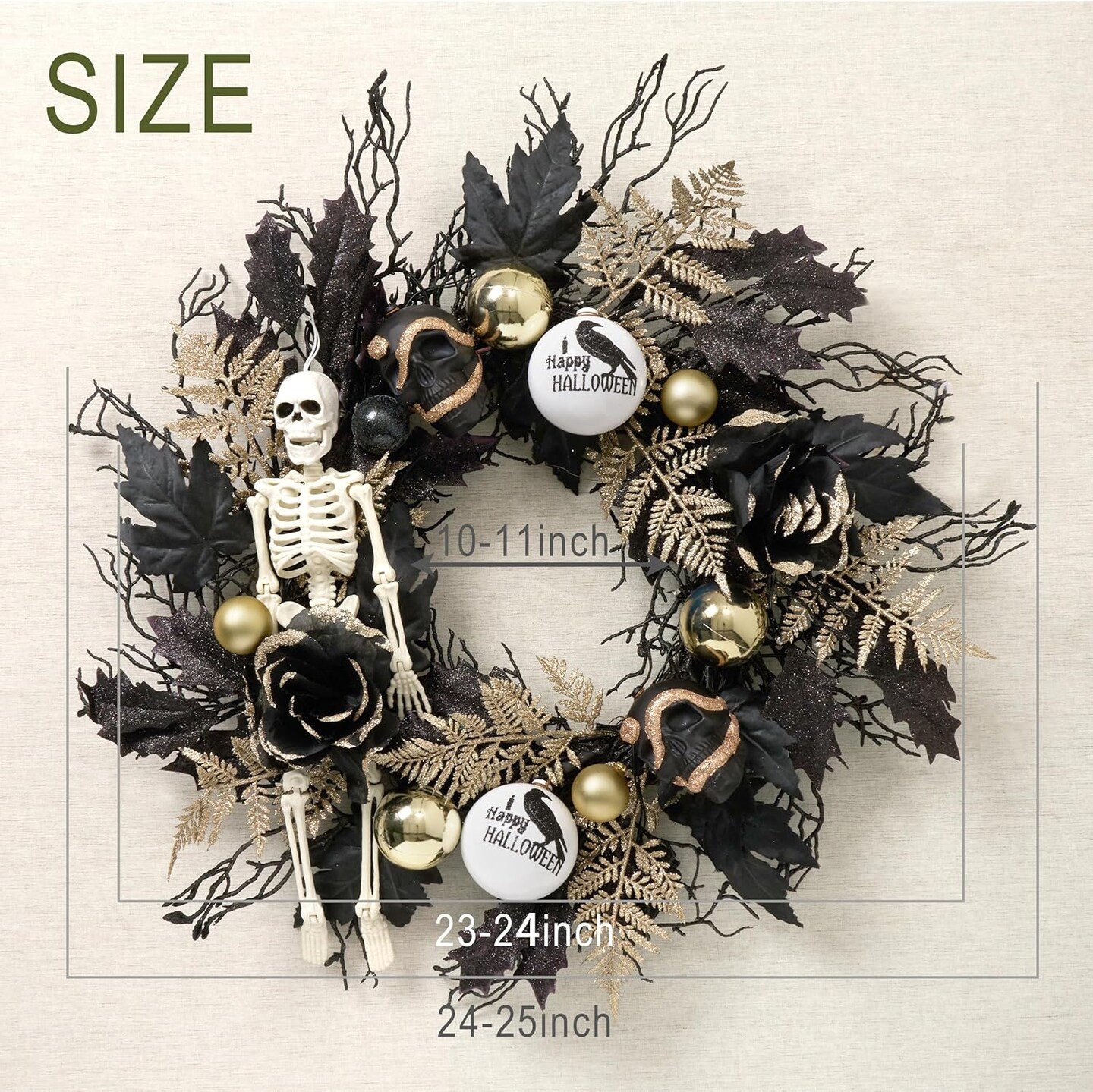 Halloween Wreath, 24 Inch Halloween Door Wreath with Lights, Black Gold Halloween Decorations with Scary Skull Skeleton Ornaments for Porch Window Outdoor Indoor Home Party Decor
