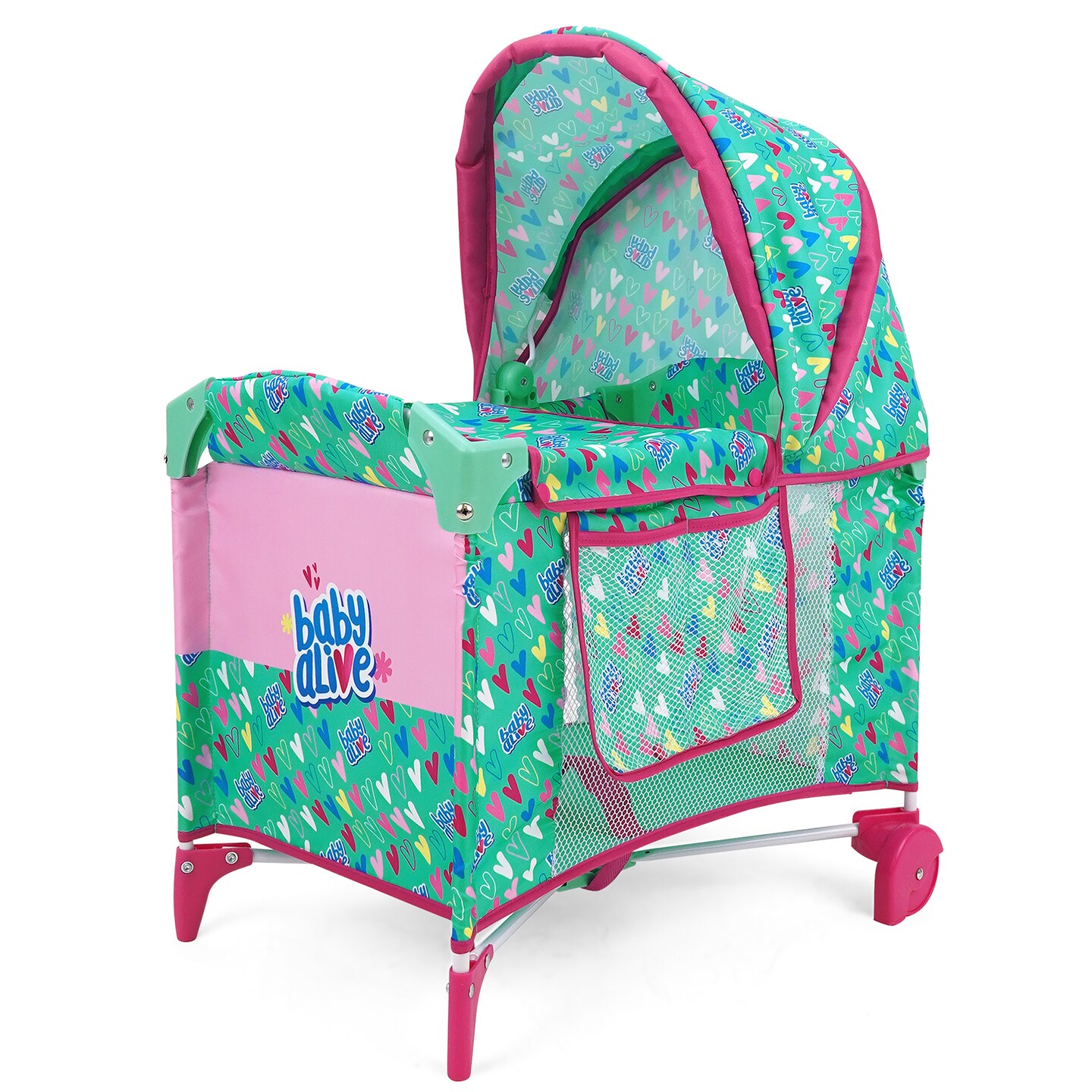 Baby Alive: Deluxe Doll Play Yard - Green, Pink, Hearts - Accessory For Dolls Up to 18&#x22;, Folding, Wheeled Crib, Adjustable Canopy, Kids Toy, Ages 3+