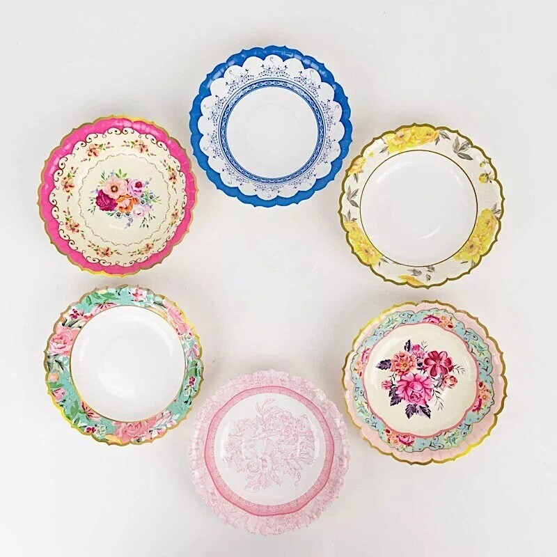 24 Assorted Vintage Floral Dessert Salad Paper Bowls Scalloped Edge Party Event