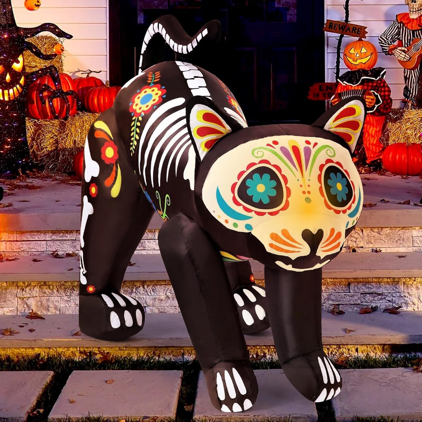 Day of The Dead Inflatable Skull Cat LED Blow Up Decor