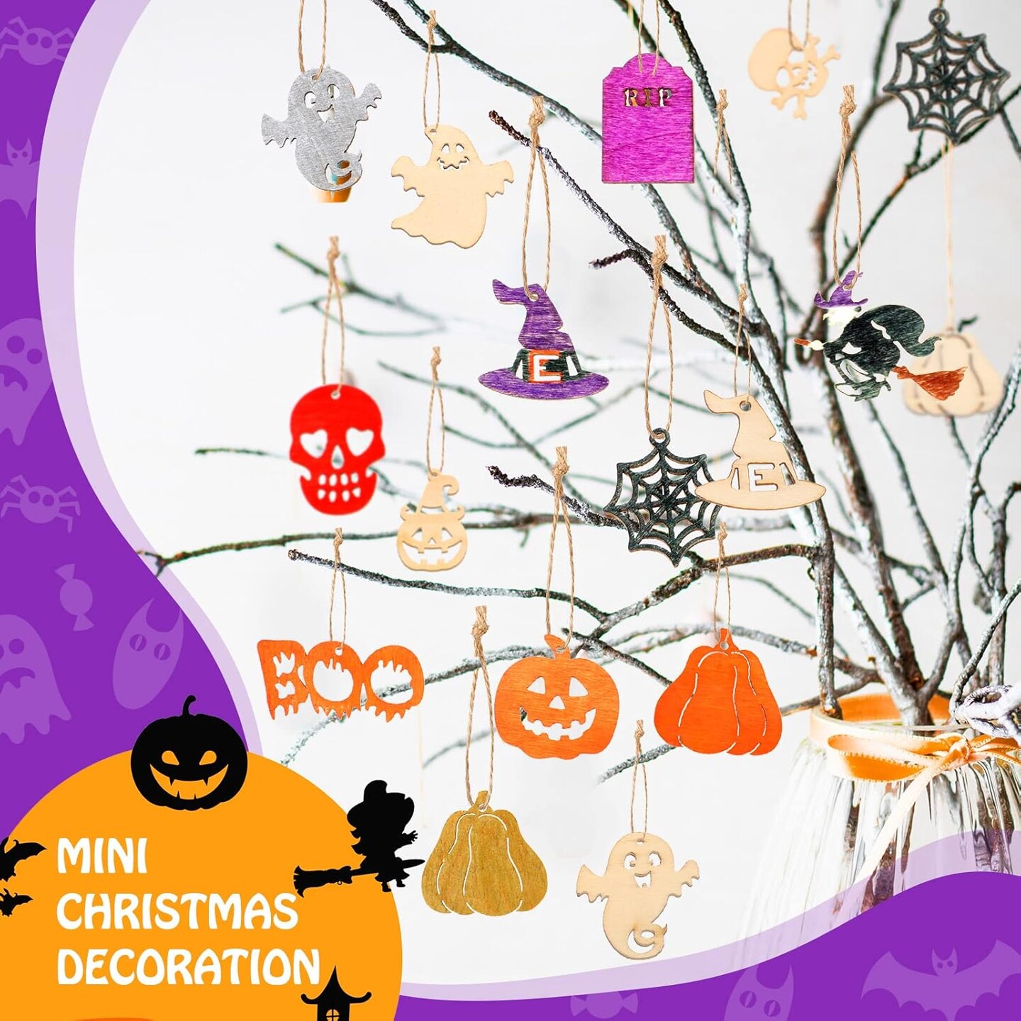 200 Pieces Halloween Unfinished Mini Wooden Ornaments Christmas