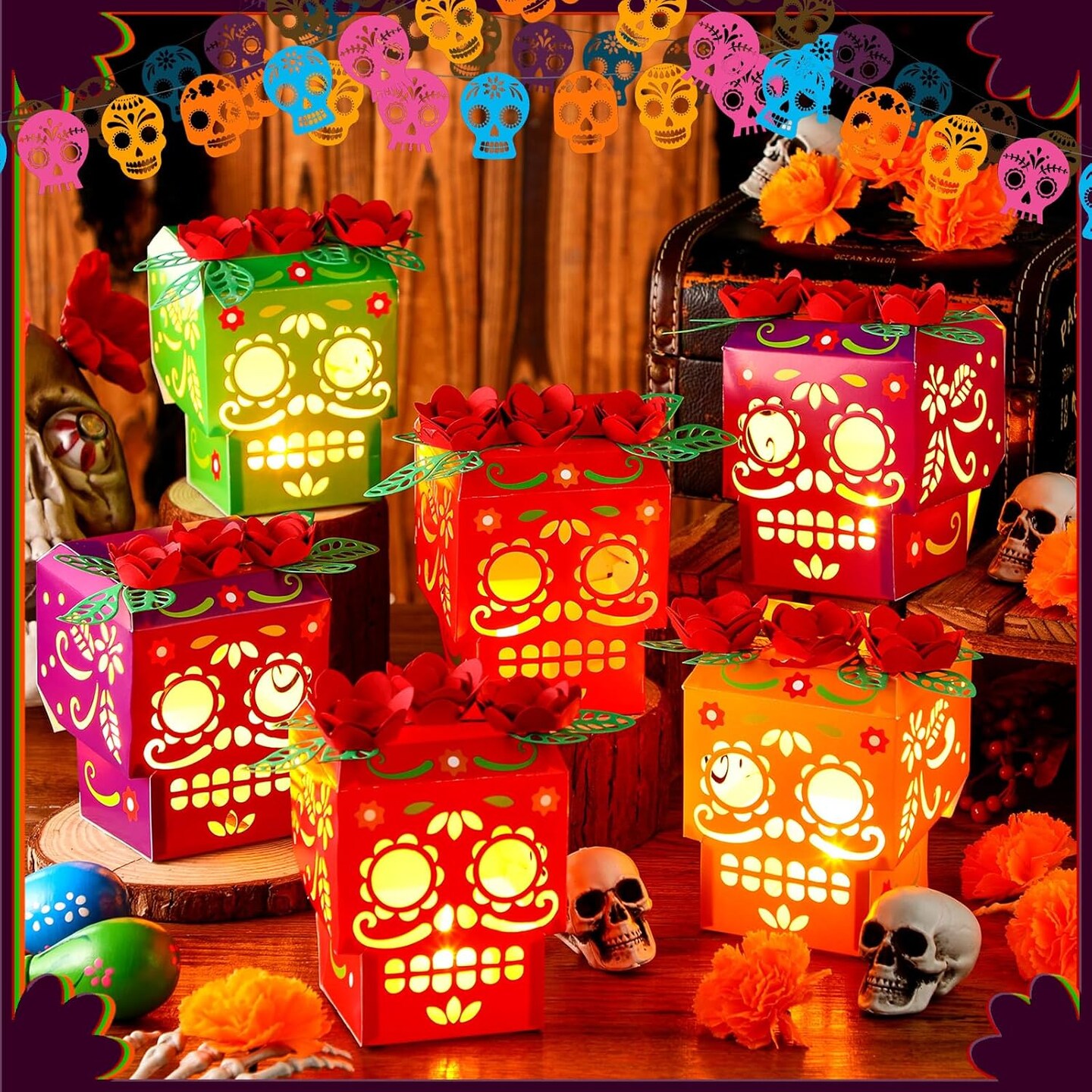 32 Sets Dia De Los Muertos Luminary Bags Lanterns with Flameless Tea Candle Halloween Day of The Dead Paper Treat Bags Flame Resistant Candle Box for Dia De Los Muertos Party Decorations