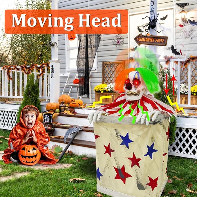 nimated Clown in The Box Sound Activated with Creepy Sound, Bouncing Head, LED Eyes, Wearing The Stars and Stripes for Halloween Prop Indoor Outdoor Decorations