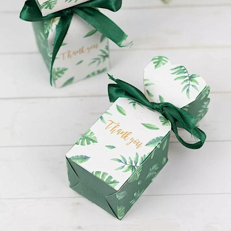 25 White Green Leaves Print Gift Favor Boxes with Satin Ribbon Party Supplies