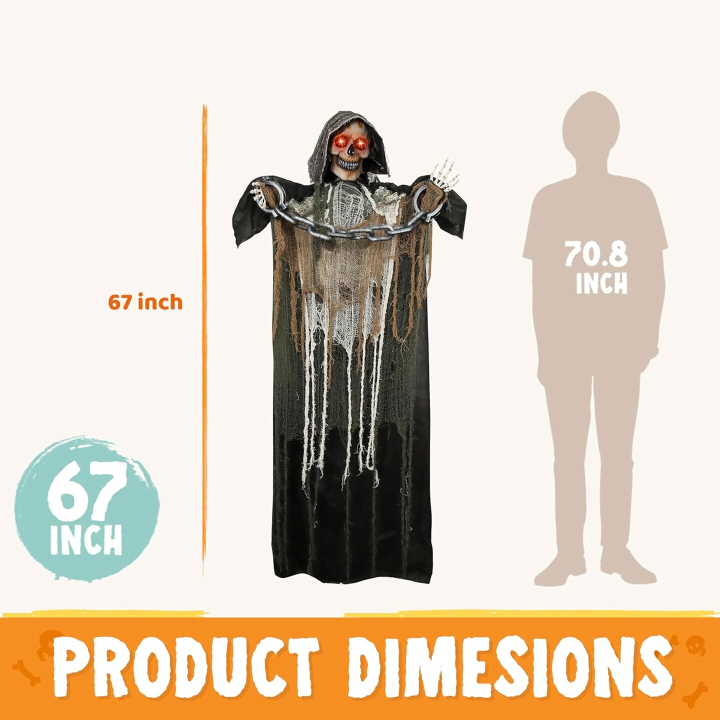 Size Animatronics Grim Reaper with Chain, Sound-Actived Halloween Party Decoration with Creepy Sound, Scary Haunted House Props for Garden Yard Lawn