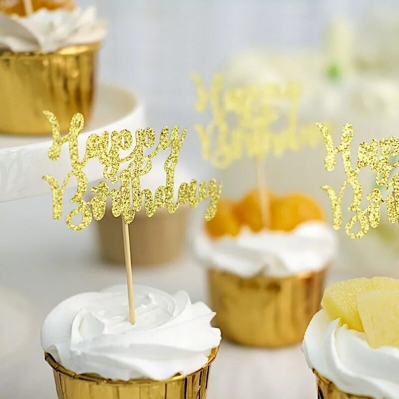 24 Gold Glittered Happy Birthday Cupcake Toppers Cake Decorations Party Supplies