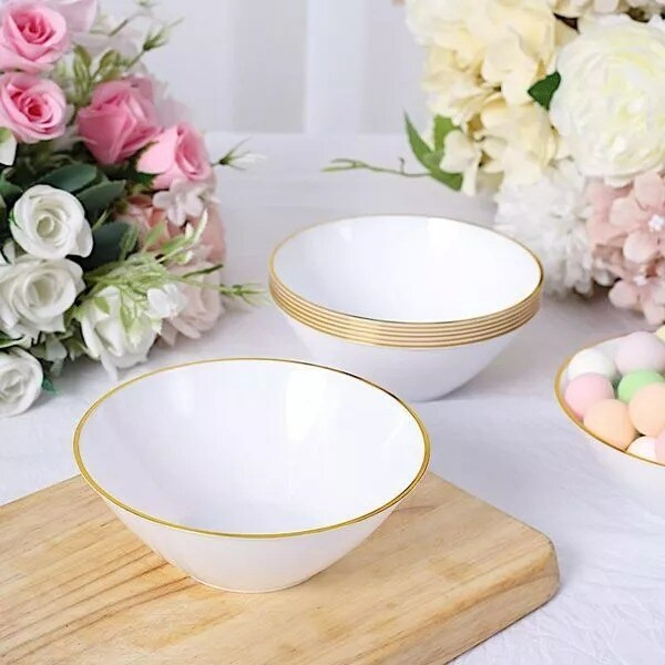 24 White 7 oz Plastic Dessert Ice Cream Bowls Gold Rim Party Events Decorations