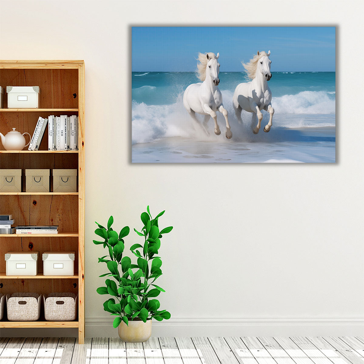 CTLL-White Horse Wall Art Canvas: Western Animal Canvas Picture Running Wild Horses Print Horizontal Beach Wildlife Artwork Decor Bedroom Office Livin-810920